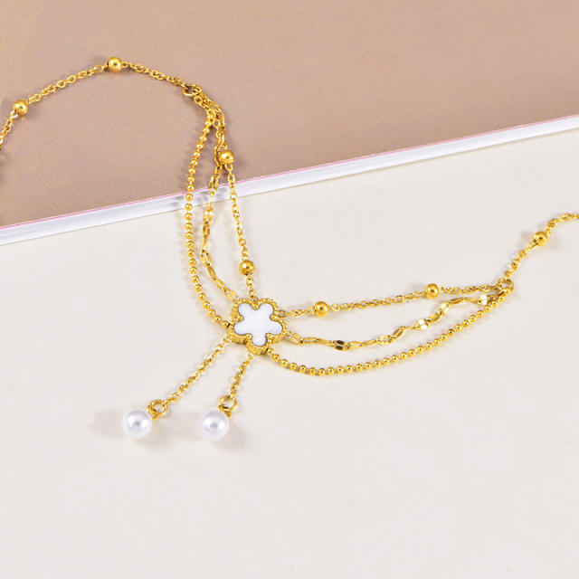 Elegant white shell flower three layer chain tassel stainless steel anklet