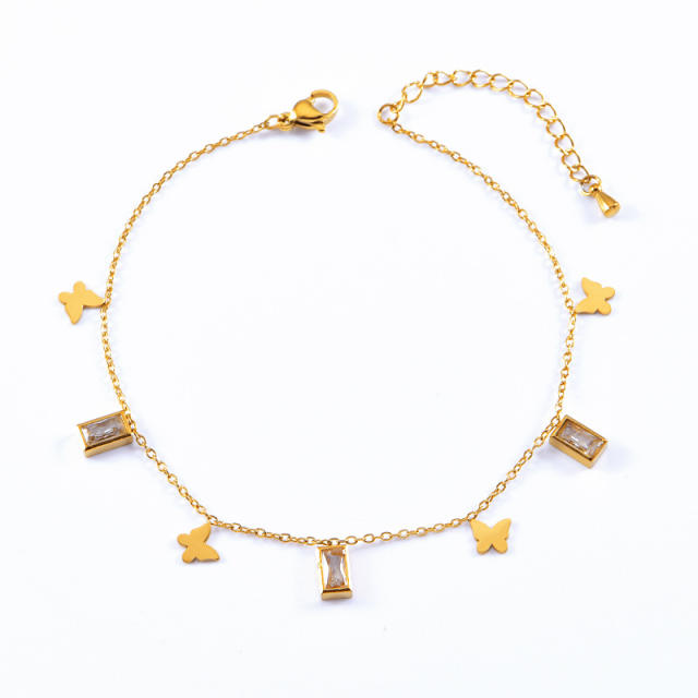 Dainty white shell clover diamond stainless steel anklet
