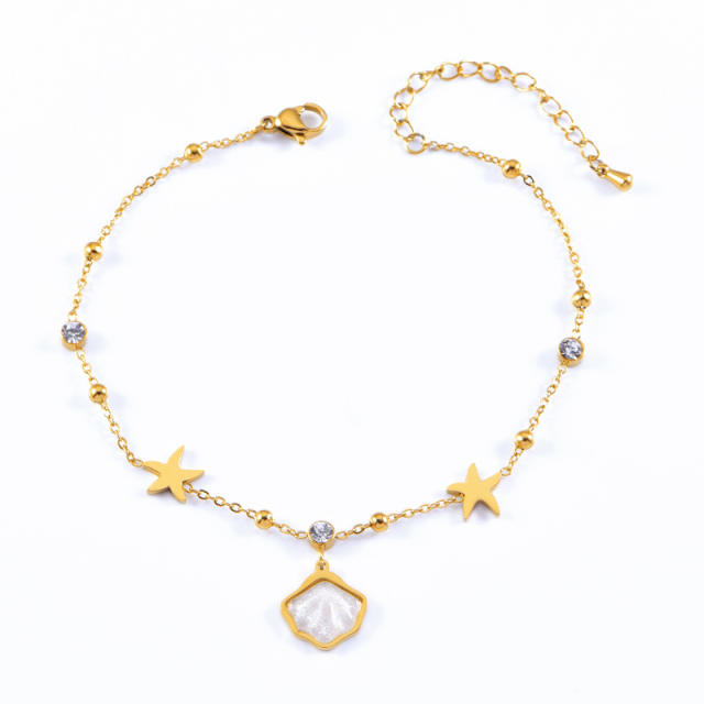 Dainty white shell clover diamond stainless steel anklet