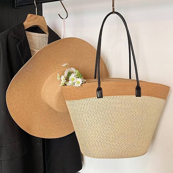 South Korea Foldable Big-brim Sunshade Hat for Seaside Vacation All-match Straw Hat Beach Bag Large Capacity Straw Bag