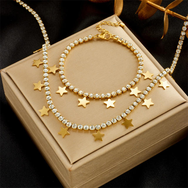 Delicate tennis chain star charm stainless steel necklace bracelet set