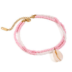Sweet pink color bead shell charm stainless steel anklet
