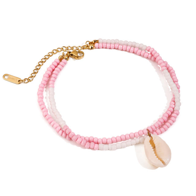 Sweet pink color bead shell charm stainless steel anklet