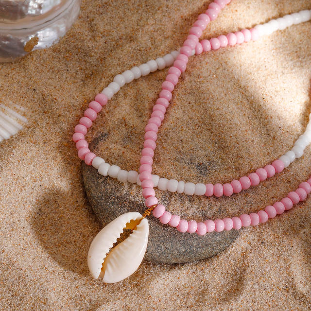 Sweet pink color bead shell charm stainless steel anklet