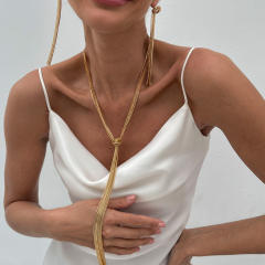 Personality metal chain tassel long necklace earrings set
