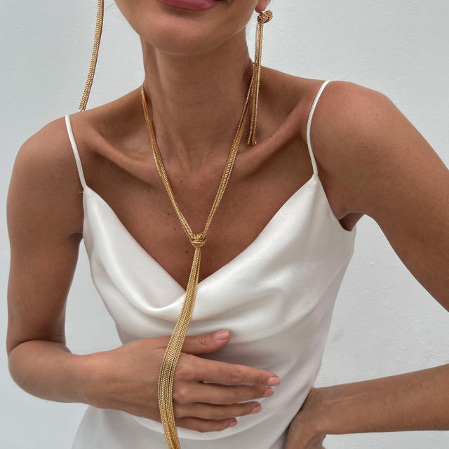 Personality metal chain tassel long necklace earrings set
