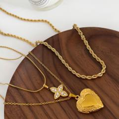 Dainty diamond clover heart locket rope chain stainless steel necklace