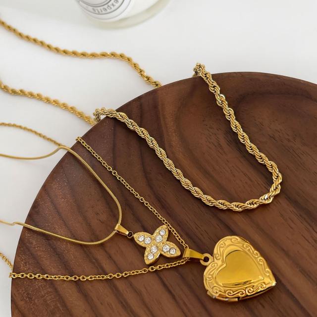 Dainty diamond clover heart locket rope chain stainless steel necklace
