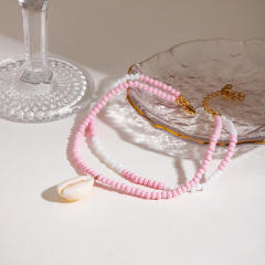 Sweet pink color bead shell charm stainless steel anklet