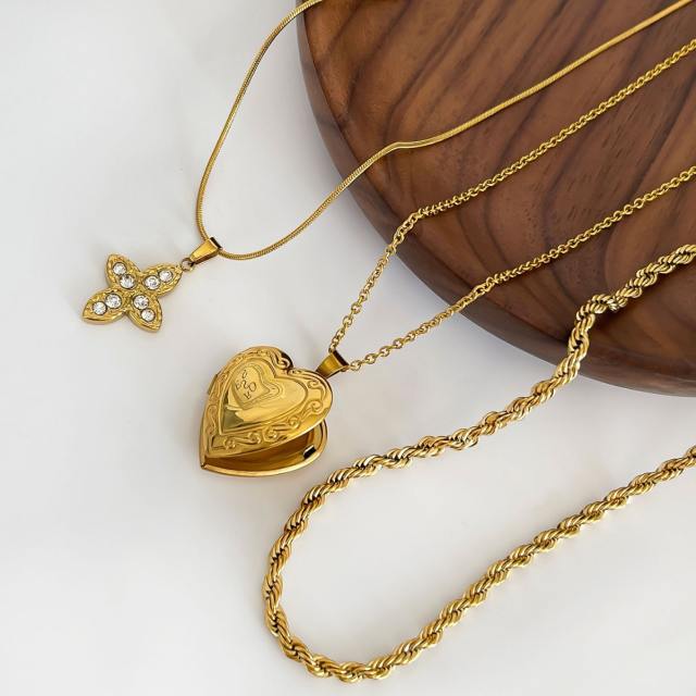 Dainty diamond clover heart locket rope chain stainless steel necklace