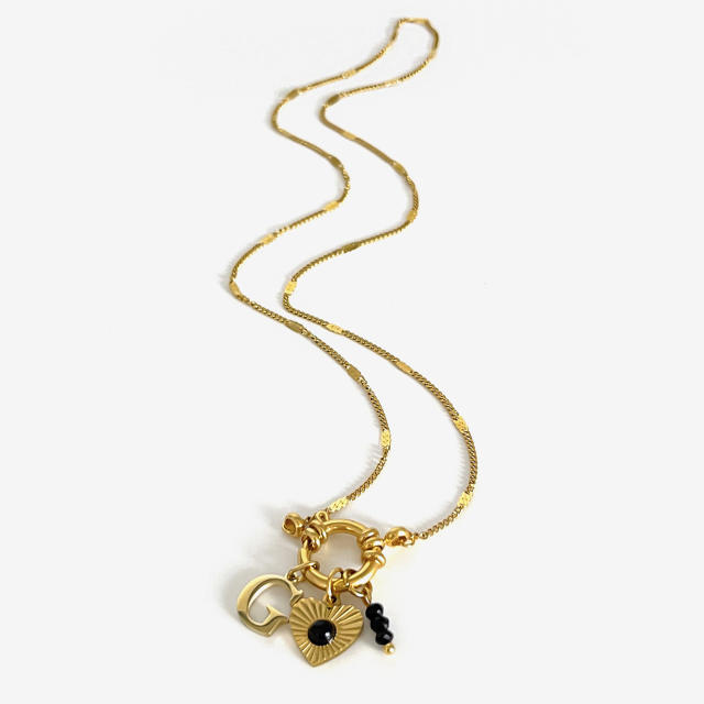 Dainty black stone heart bead charm initial letter charm stainless steel necklace