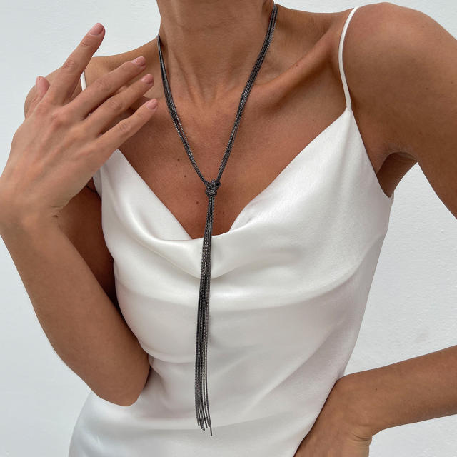 Personality metal chain tassel long necklace earrings set