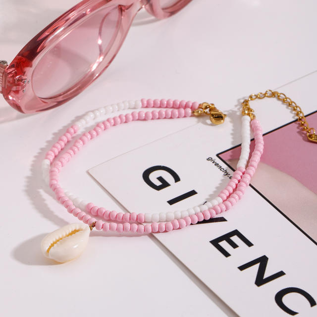 Sweet pink color bead shell charm stainless steel anklet