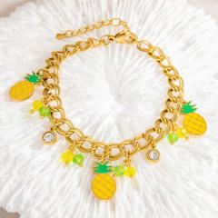 Sweet yellow enamel pineapple charm stainless steel bracelet