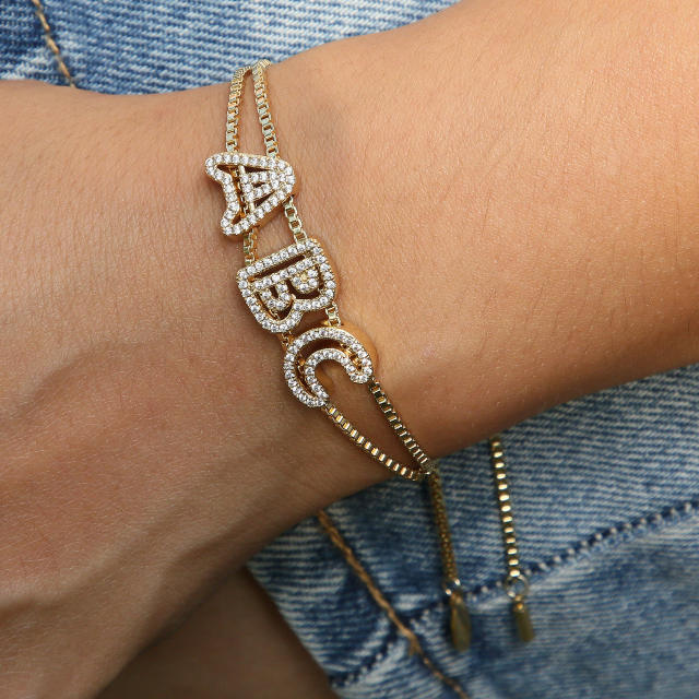 Hot sale diamond hollow initial letter charm diy copper bracelet