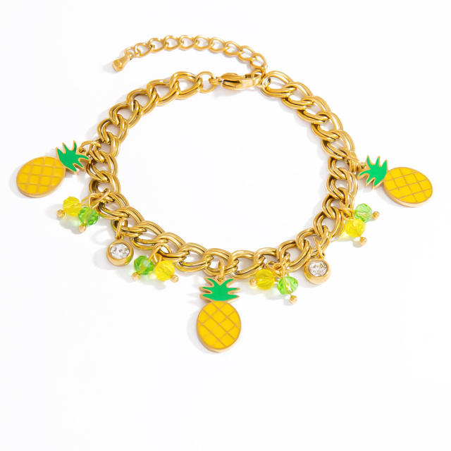 Sweet yellow enamel pineapple charm stainless steel bracelet