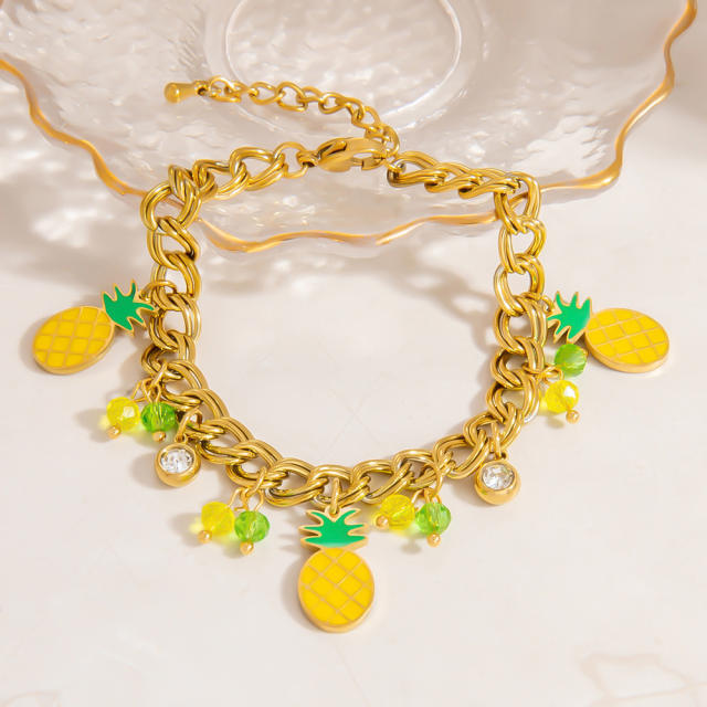 Sweet yellow enamel pineapple charm stainless steel bracelet