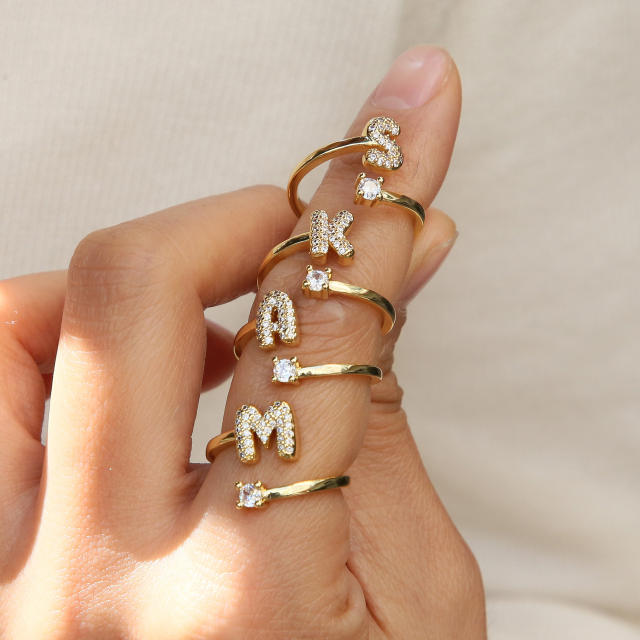 18K diamond initial letter copper rings