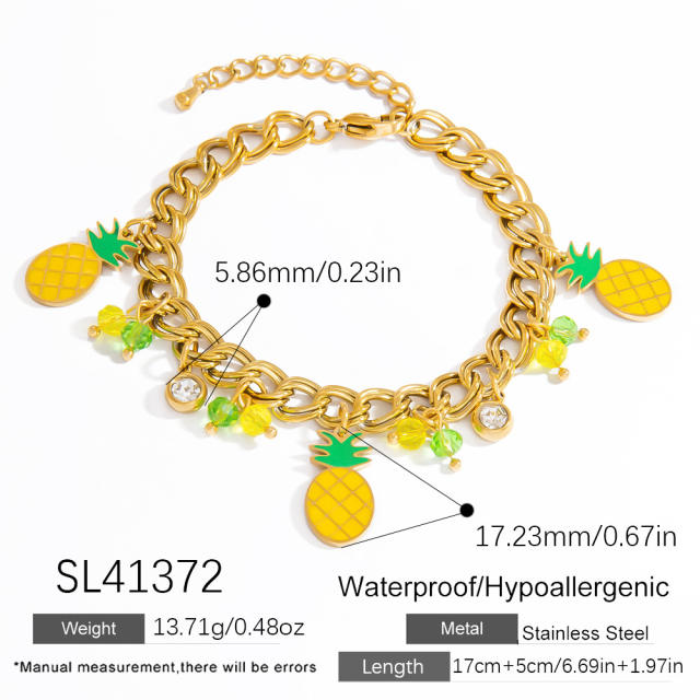 Sweet yellow enamel pineapple charm stainless steel bracelet