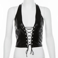 Summer new women's halter neck lace-up sexy lPU vest for women
