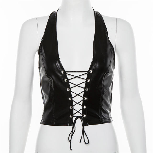 Summer new women's halter neck lace-up sexy lPU vest for women