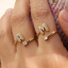 18K diamond initial letter copper rings