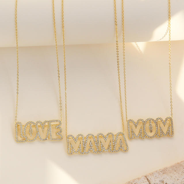Real gold plated hollow love mama mom letter diamond necklace for mother's day