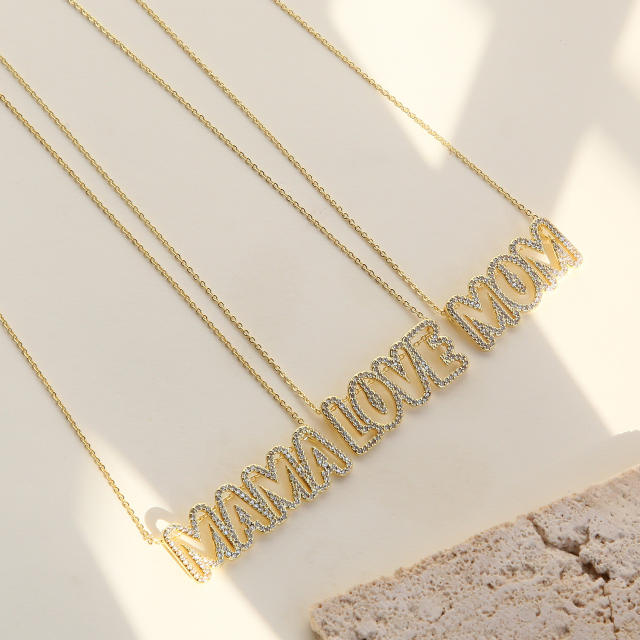 Real gold plated hollow love mama mom letter diamond necklace for mother's day