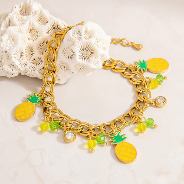 Sweet yellow enamel pineapple charm stainless steel bracelet