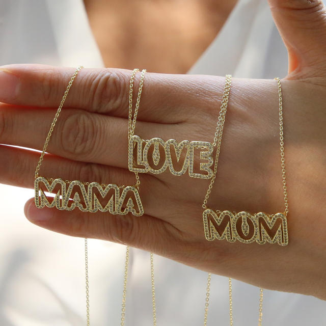Real gold plated hollow love mama mom letter diamond necklace for mother's day
