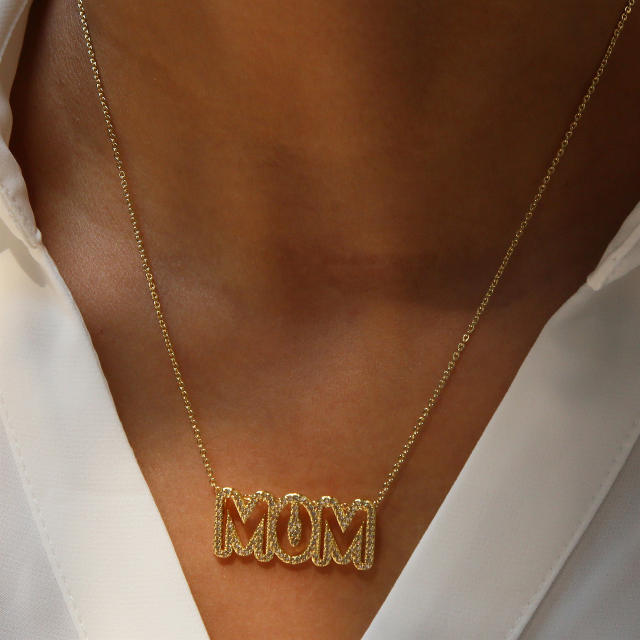 Real gold plated hollow love mama mom letter diamond necklace for mother's day