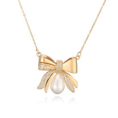 Hot Sale Copper Plated 18K Gold Zircon Bow Pearl Pendant Necklace