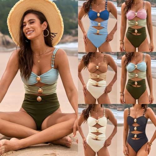 2025 New Swimsuit Solid Color Stitching Metal Buckle Swimsuit