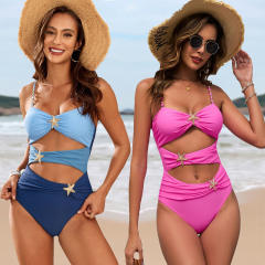 2025 New Solid Color Stitching Metal Buckle Swimsuit