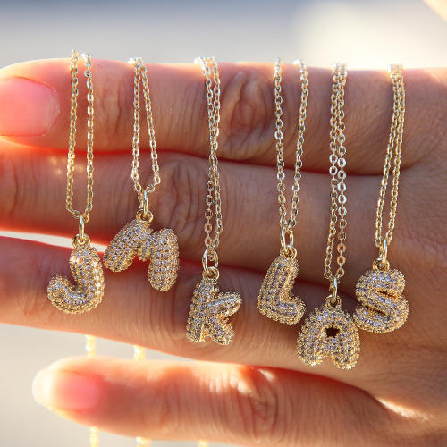 New 18k brass micro-inlaid bubble letter small size 26 English letters initial letter pendant necklace