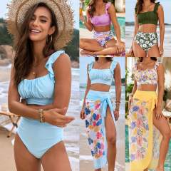 2025 new swimsuit flash lotus leaf three-piece high waist swimsuit set