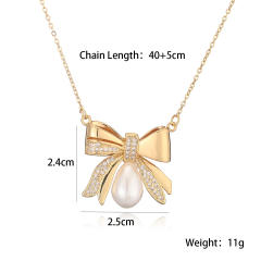 Hot Sale Copper Plated 18K Gold Zircon Bow Pearl Pendant Necklace
