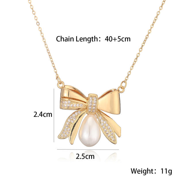 Hot Sale Copper Plated 18K Gold Zircon Bow Pearl Pendant Necklace