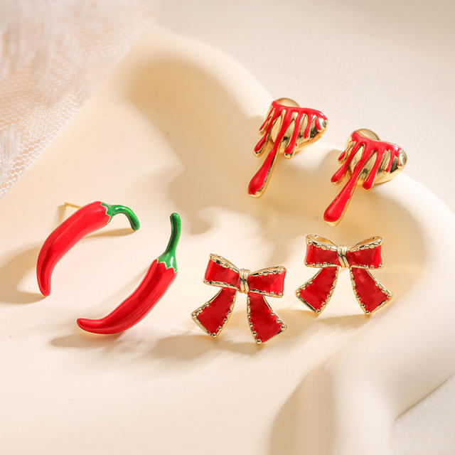 Creative red enamel bow heart chili copper studs earrings
