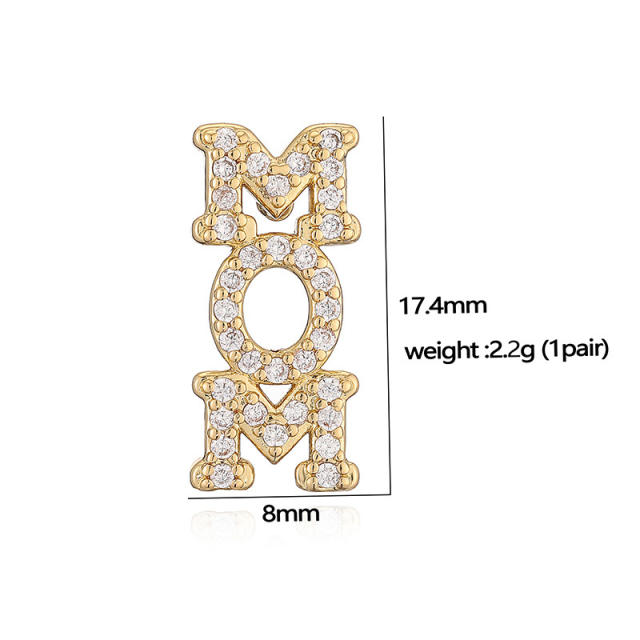 Delicate mom letter diamond pearl bead copper studs earrings