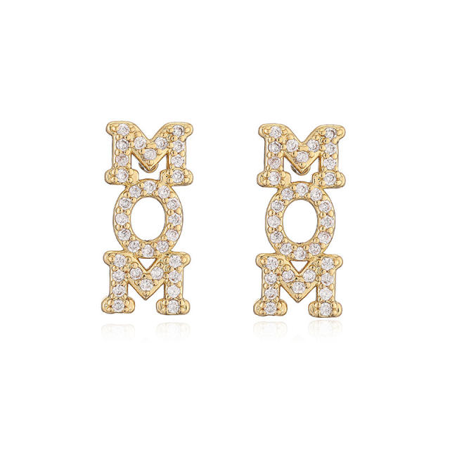 Delicate mom letter diamond pearl bead copper studs earrings