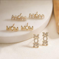 Delicate mom letter diamond pearl bead copper studs earrings