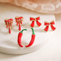 Creative red enamel bow heart chili copper studs earrings