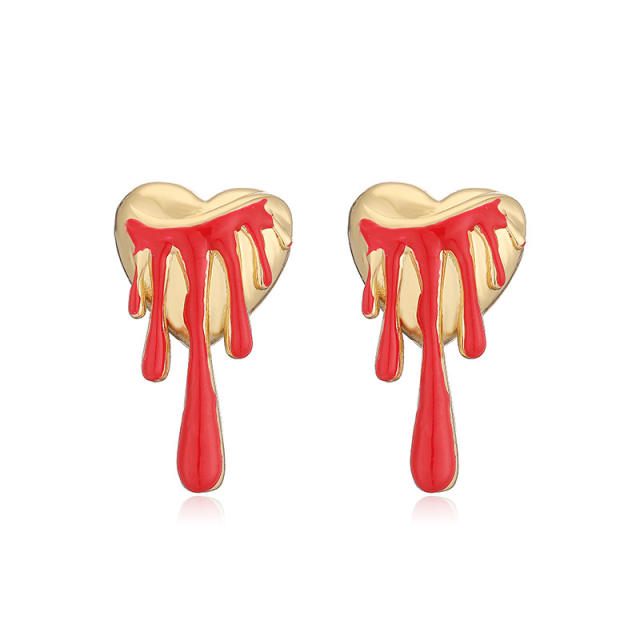 Creative red enamel bow heart chili copper studs earrings