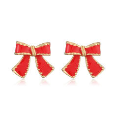 Creative red enamel bow heart chili copper studs earrings