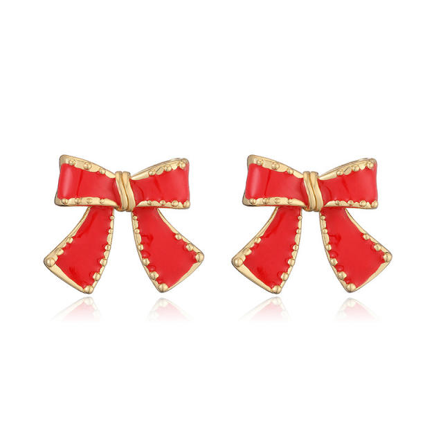 Creative red enamel bow heart chili copper studs earrings