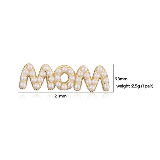 Delicate mom letter diamond pearl bead copper studs earrings