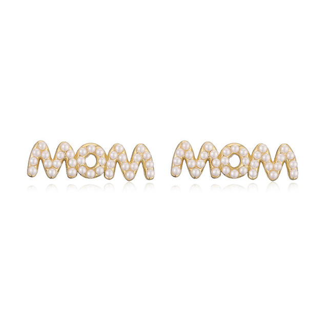 Delicate mom letter diamond pearl bead copper studs earrings