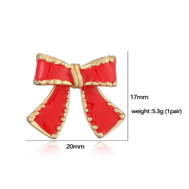 Creative red enamel bow heart chili copper studs earrings