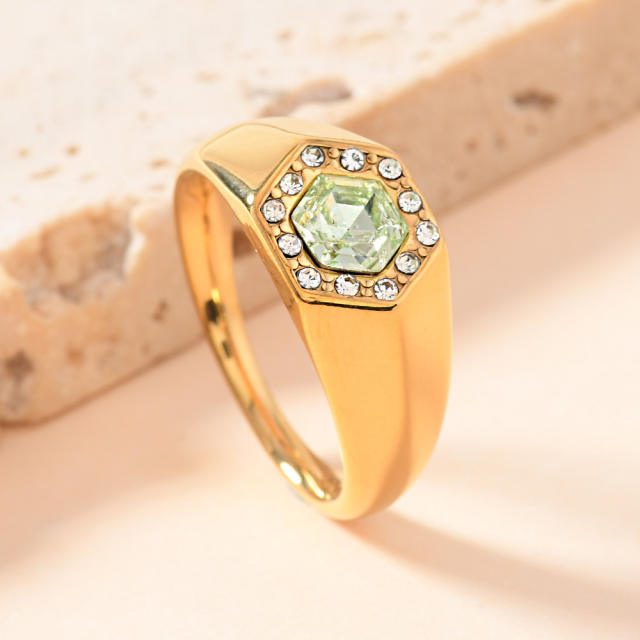 Simple stainless steel ring hexagonal inlaid diamond rings